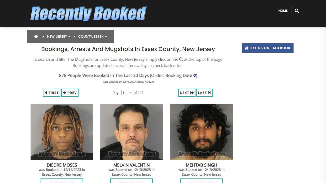 Bookings, Arrests and Mugshots in Essex County, New Jersey